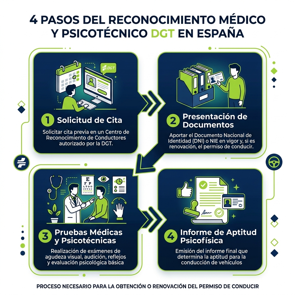 Infografía explicativa con los 4 pasos clave del reconocimiento psicotécnico para el canje