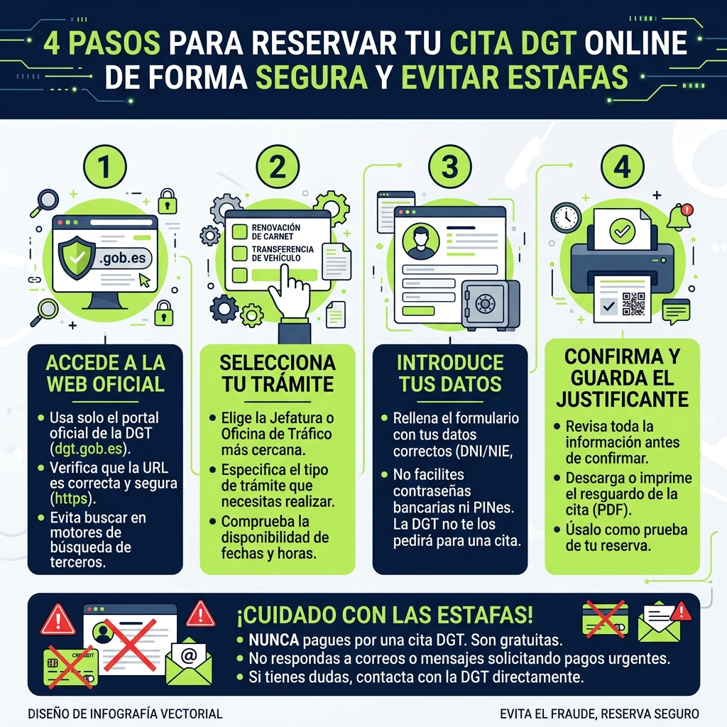 Infografía explicativa para reservar cita DGT sin estafas