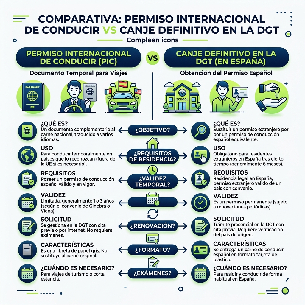 Infografía comparativa del Permiso Internacional vs Canje Definitivo